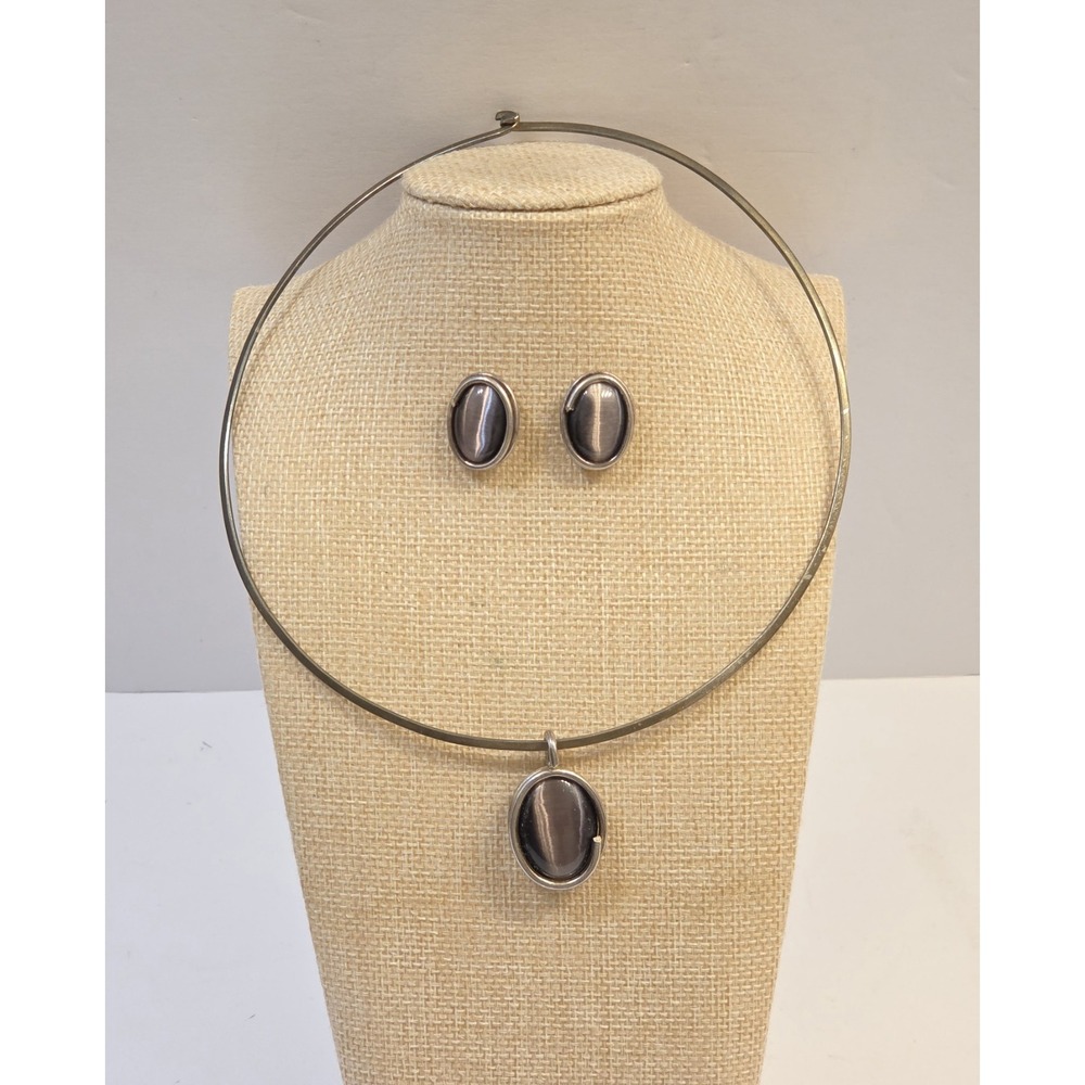 Vintage Sterling Silver & Lavender Cat's Eye Collar Necklace & Earrings Set